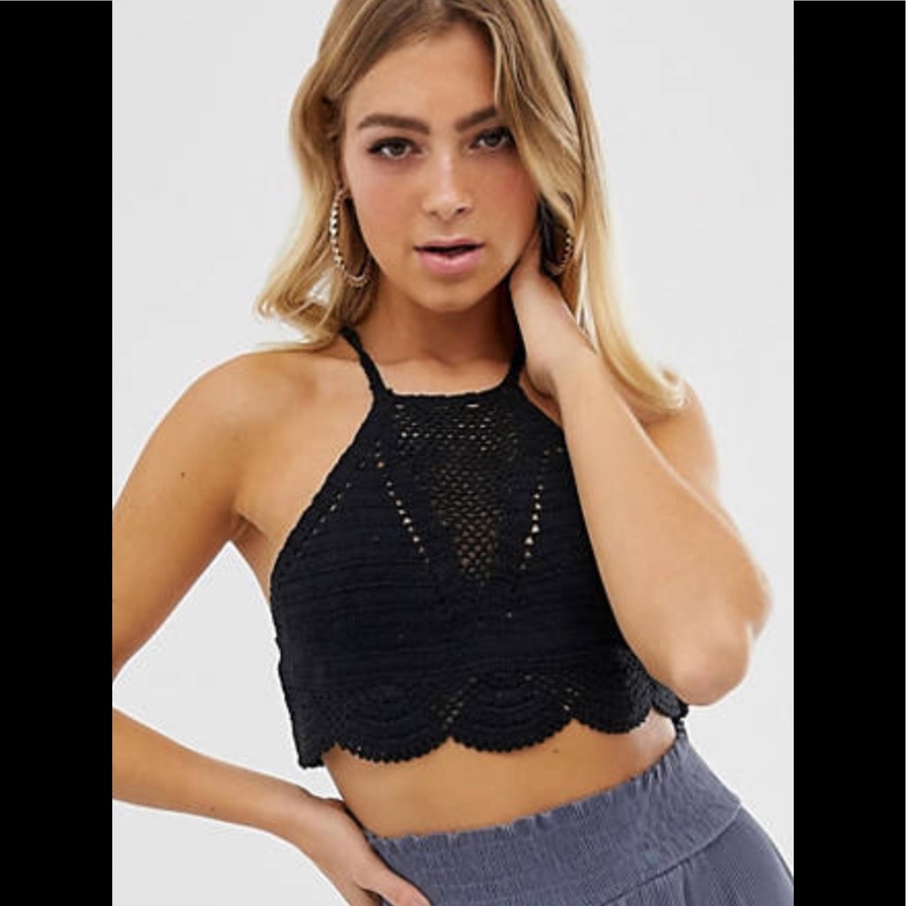 Abercrombie & Fitch swim halter bikini top crochet Black boho festival Medium